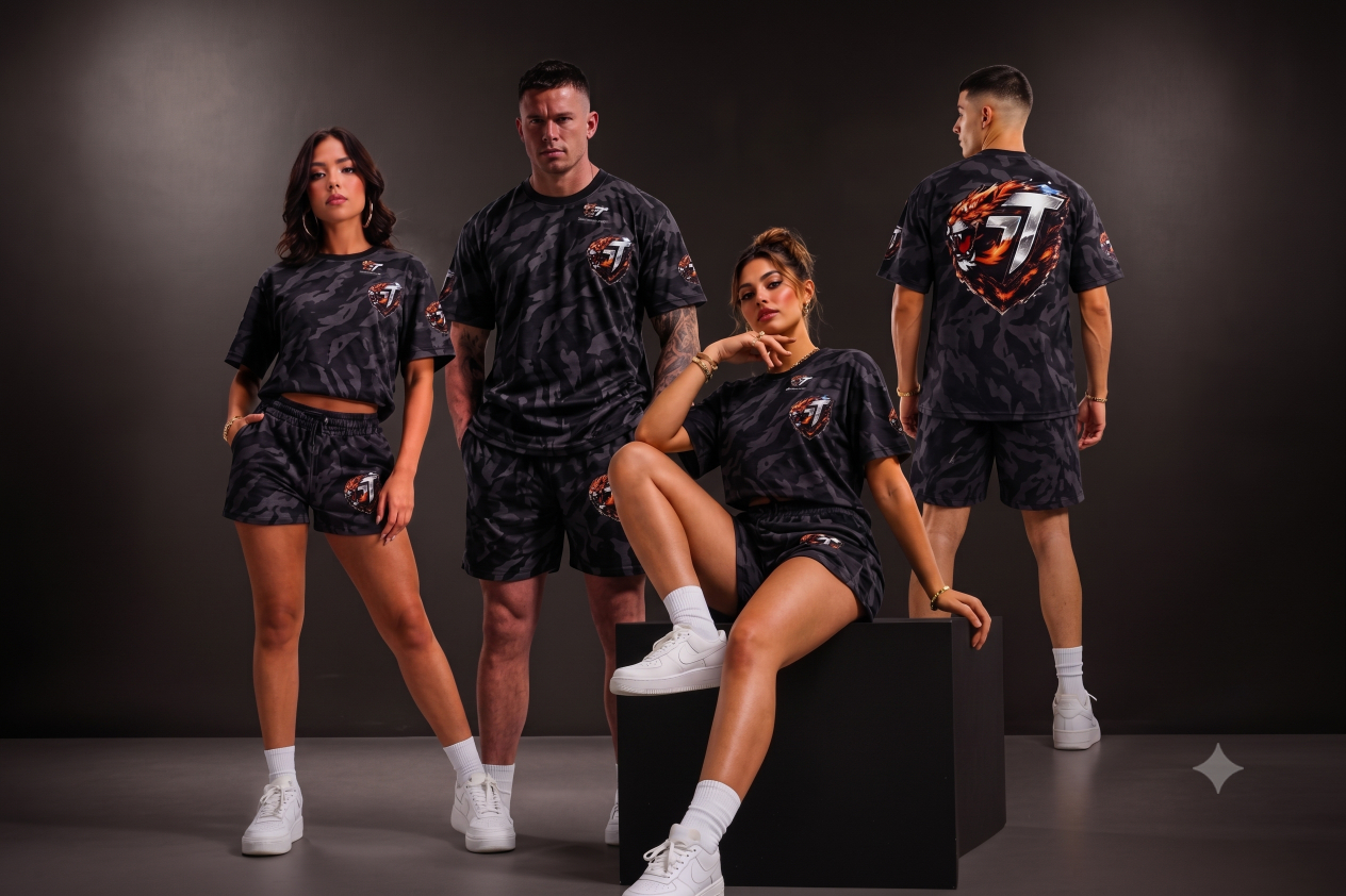Four models wearing the GeePAC TigerWave camo tee and shorts set