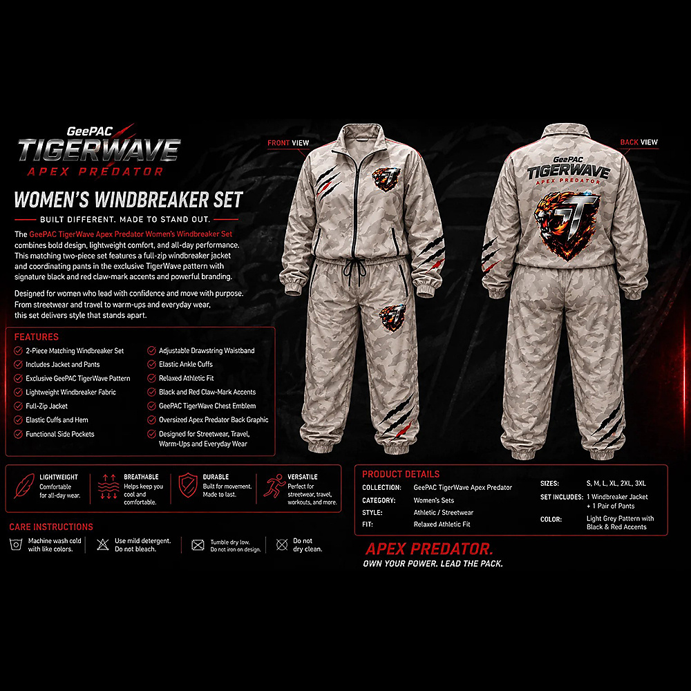 GeePAC TigerWave Apex Predator Women’s Windbreaker Tracksuit Set