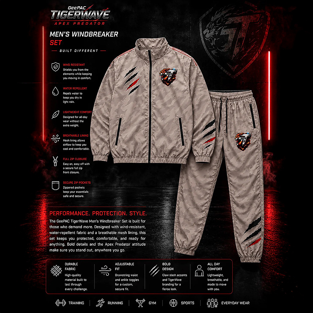 GeePAC TigerWave Apex Predator Men’s Windbreaker Tracksuit Set