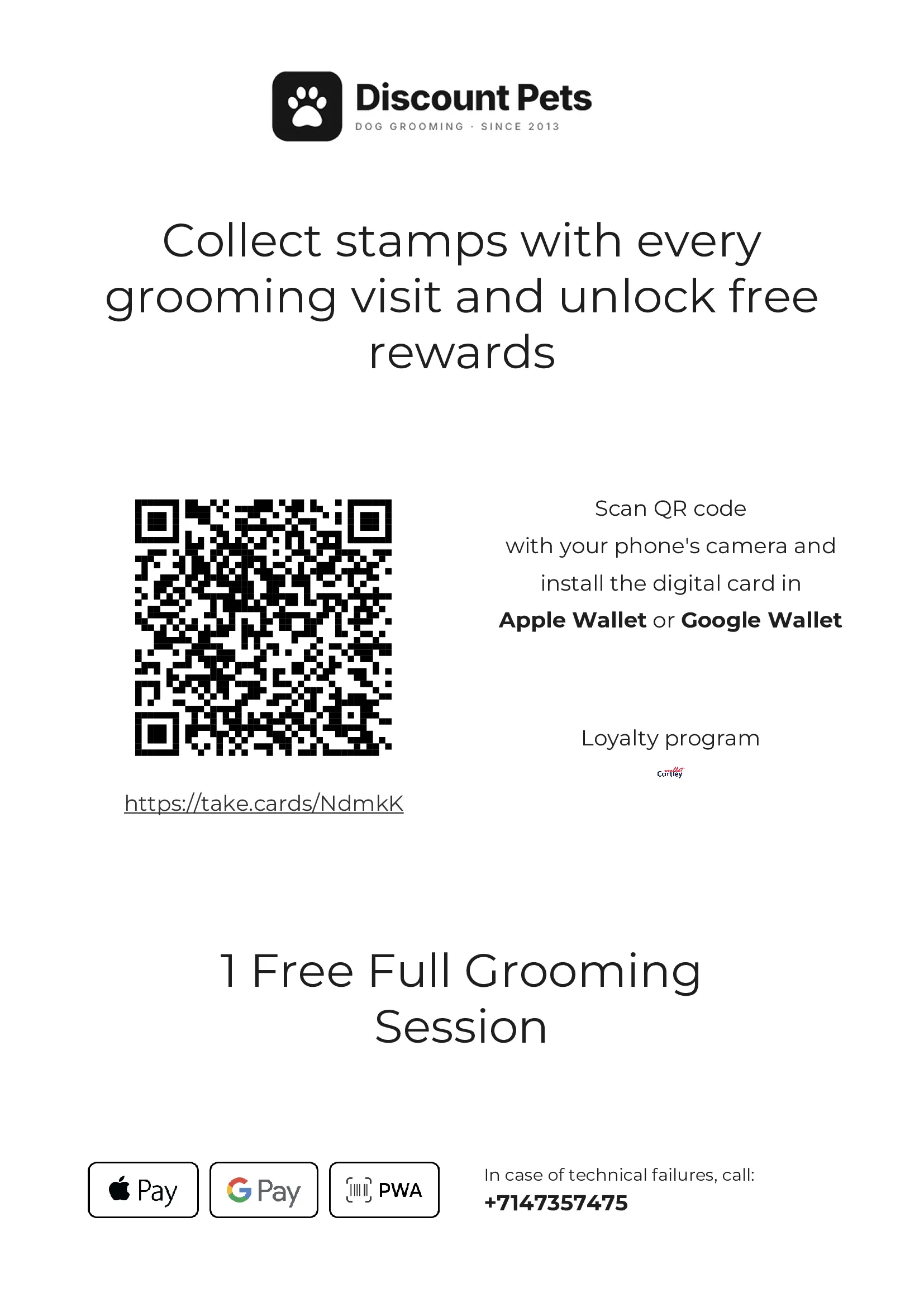 Discount Pets Pampering Pass stamp card: scan the QR code or tap to add it to Apple Wallet or Google Wallet